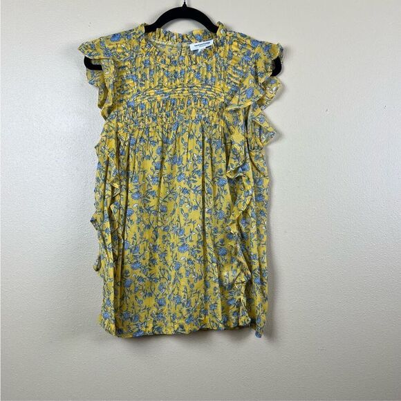 NWT Beachlunchlounge Top Blouse Floral 100% Cotton Yellow Blue Size M - Picture 3 of 6